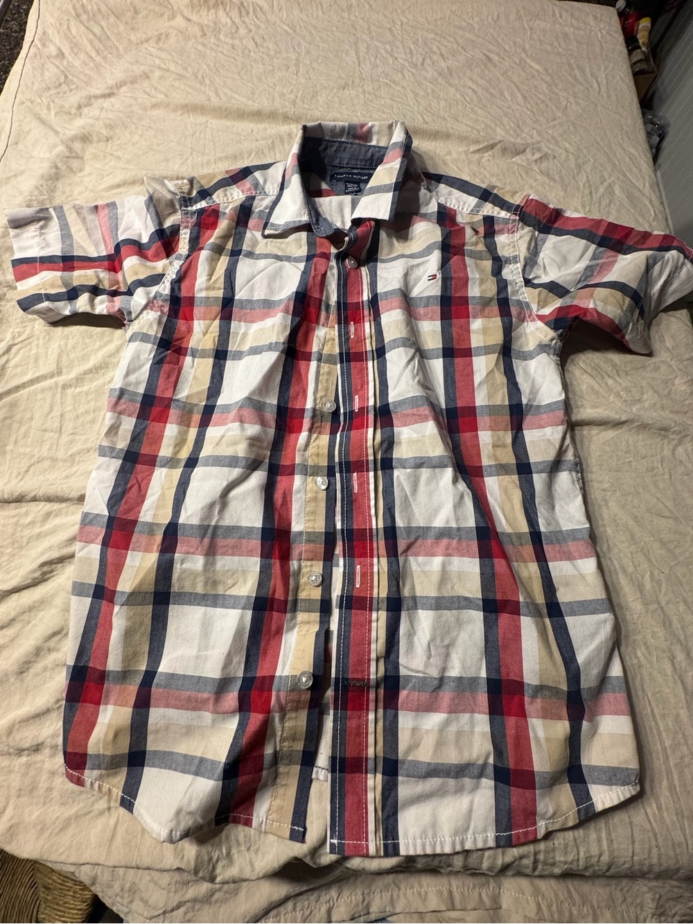 Tommy Hilfiger Boys Plaid Button Down Shirt Size M 10/12 Red Navy Tan